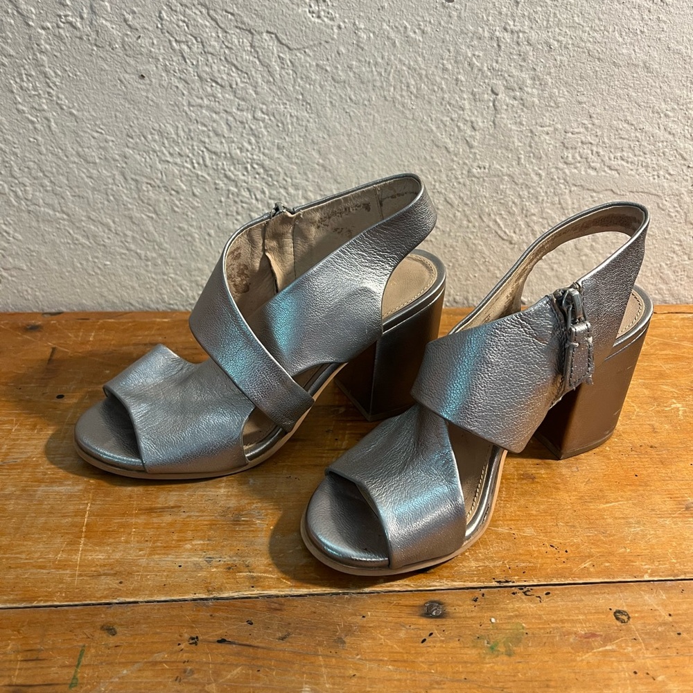 Silver Leather Block Heel Slip-On Heels